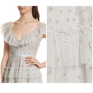 Needle And Thread Sunburst Tiered Bejeweled Ruffle Trim Tulle Midi Dress Size 4